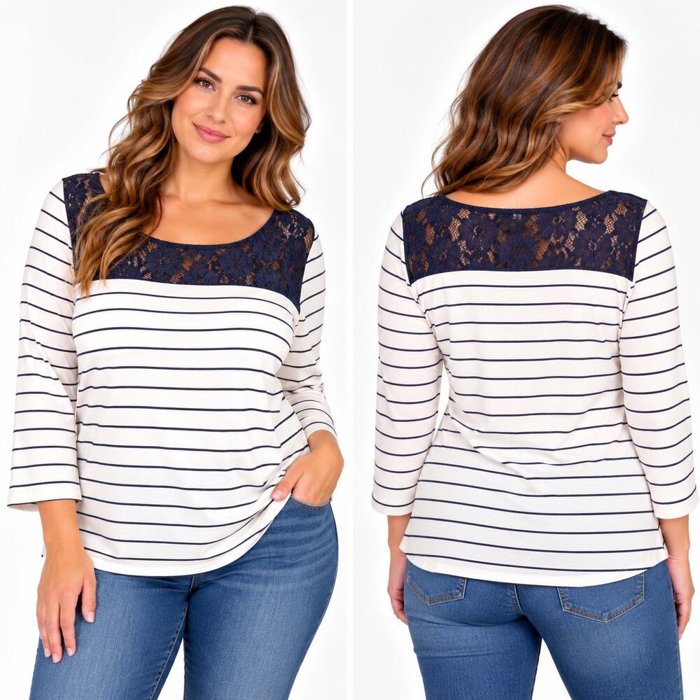 Tommy Hilfiger Women's Large Navy White Striped Lace Yoke Long Sleeve Top